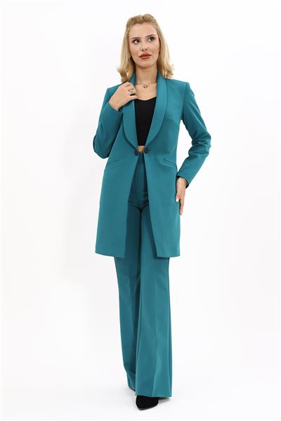 Şal Yaka Cepli Uzun Ceket & İspanyol Paça Pantolon-Petrol