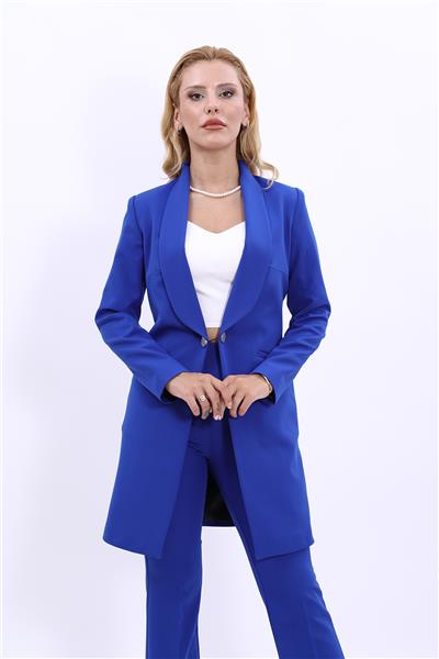 Şal Yaka Cepli Uzun Tesettür Kadın Ceket-Saks