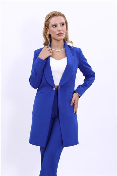 Şal Yaka Cepli Uzun Tesettür Kadın Ceket-Saks