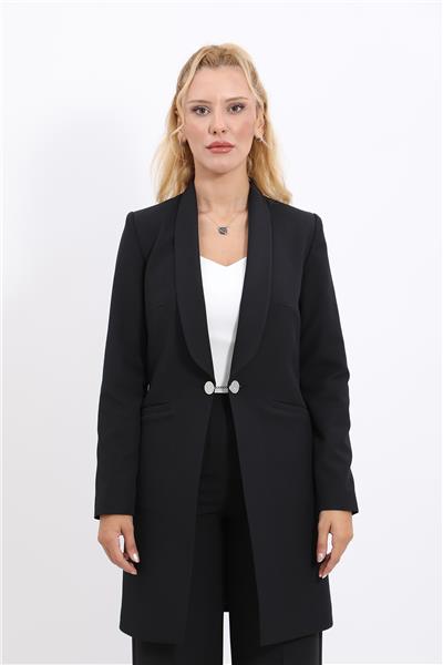 Şal Yaka Cepli Uzun Tesettür Kadın Ceket-Siyah