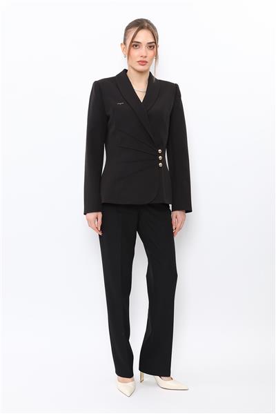 Şal Yaka Kruvaze Modelli Ceket & Cepli Boru Paça Pantolon Kadın Takım Elbise-Siyah