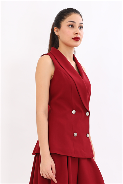 Şal Yaka Kruvaze Modern Kadın Yelek-Bordo