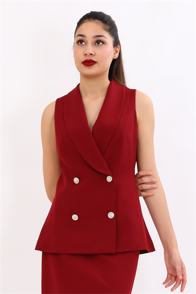 Şal Yaka Kruvaze Modern Kadın Yelek-Bordo