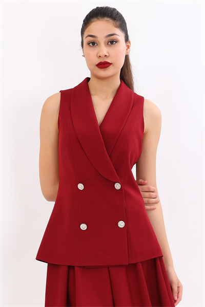 Şal Yaka Kruvaze Modern Kadın Yelek-Bordo