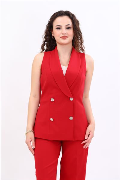 Şal Yaka Kruvaze Modern Kadın Yelek-Kırmızı