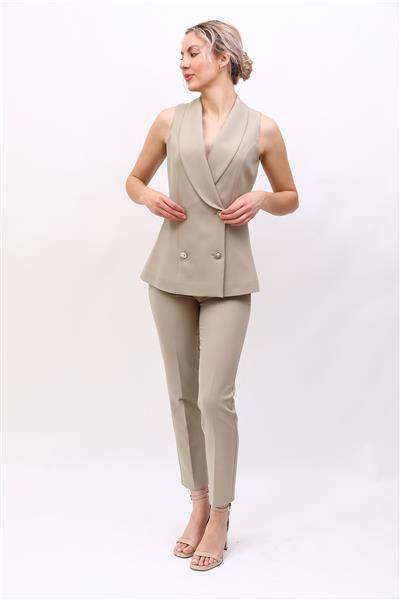 Şal Yaka Kruvaze Modern Yelek & Lastikli Dar Paça Pantolon Kadın Takım Elbise-Bambu