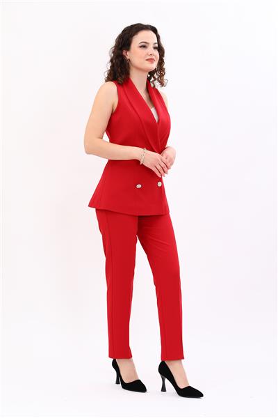 Şal Yaka Kruvaze Modern Yelek & Lastikli Dar Paça Pantolon Kadın Takım Elbise-Kırmızı