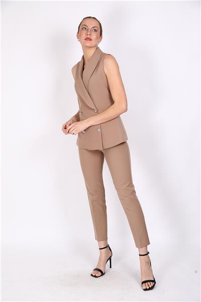 Şal Yaka Kruvaze Modern Yelek & Lastikli Dar Paça Pantolon Kadın Takım Elbise-Taş