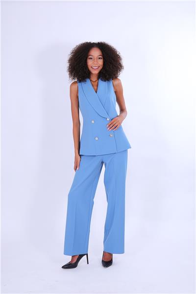 Şal Yaka Kruvaze Modern Yelek & Lastikli Bol Paça Pantolon Kadın Takım Elbise-Gökyüzü