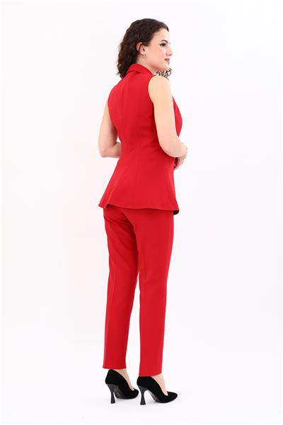 Şal Yaka Kruvaze Modern Yelek & Lastikli Dar Paça Pantolon Kadın Takım Elbise-Kırmızı