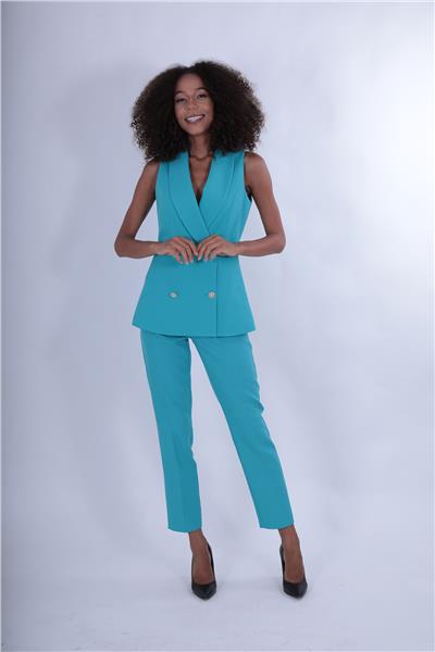 Şal Yaka Kruvaze Modern Yelek & Lastikli Dar Paça Pantolon Kadın Takım Elbise-Turkuaz