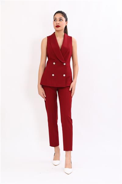 Şal Yaka Kruvaze Modern Yelek & Lastikli Dar Paça Pantolon Kadın Takım Elbise-Bordo