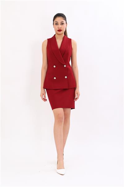 Şal Yaka Kruvaze Modern Yelek & Mini Yırtmaçlı Kısa Dar Etek-Bordo