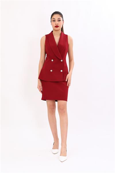 Şal Yaka Kruvaze Modern Yelek & Mini Yırtmaçlı Kısa Dar Etek-Bordo