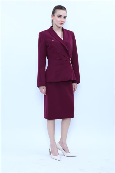 Şal Yaka Modelli Ceket & Düz Dar Etek-Mürdüm