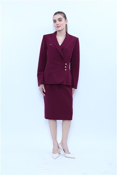 Şal Yaka Modelli Ceket & Düz Dar Etek-Mürdüm