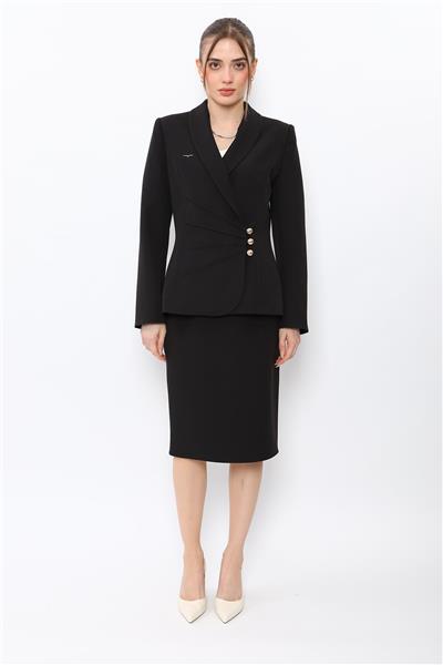 Şal Yaka Modelli Ceket & Düz Dar Etek-Siyah