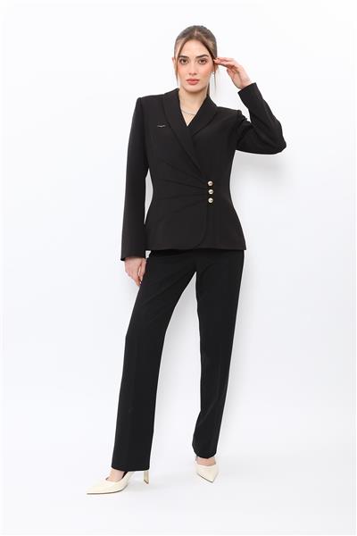 Şal Yaka Modelli Ceket & Kemerli Boru Paça Pantolon-Siyah