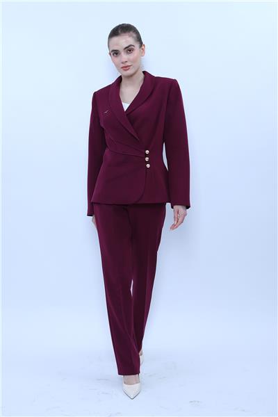 Şal Yaka Modelli Ceket & Kemerli Boru Paça Pantolon-Mürdüm
