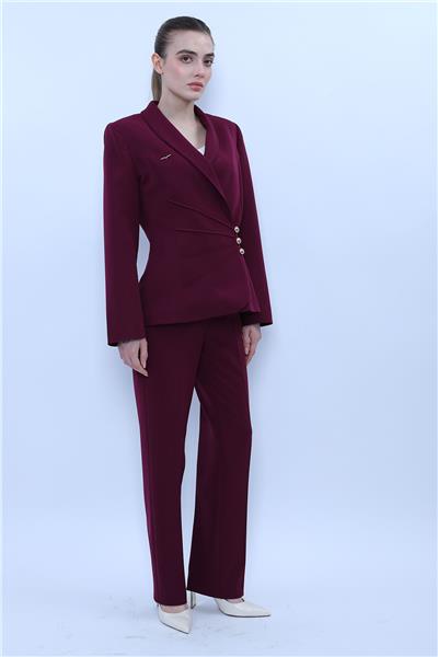 Şal Yaka Modelli Ceket & Kemerli Boru Paça Pantolon-Mürdüm