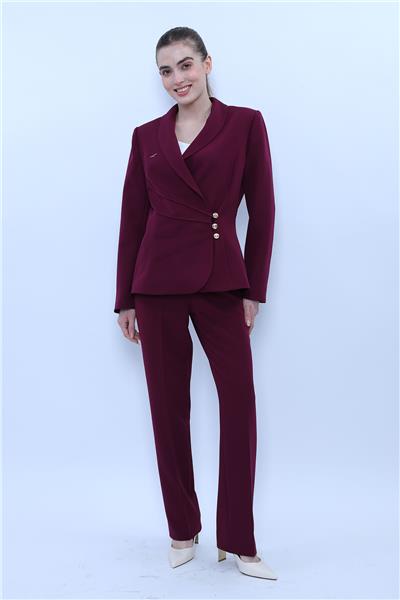 Şal Yaka Modelli Ceket & Kemerli Boru Paça Pantolon-Mürdüm