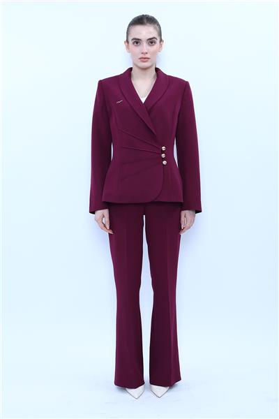 Şal Yaka Modelli Ceket & Kemerli İspanyol Paça Pantolon-Mürdüm