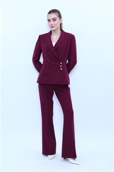 Şal Yaka Modelli Ceket & Kemerli İspanyol Paça Pantolon-Mürdüm
