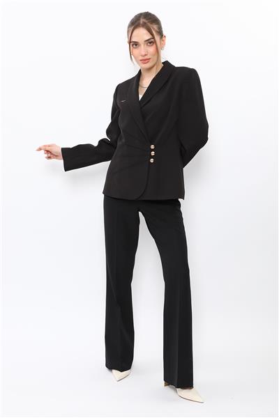 Şal Yaka Modelli Ceket & Kemerli İspanyol Paça Pantolon-Siyah