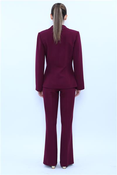 Şal Yaka Modelli Ceket & Kemerli İspanyol Paça Pantolon-Mürdüm