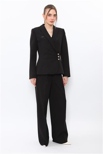 Şal Yaka Modelli Ceket & Korsaj Kemer Palazzo Pantolon-Siyah