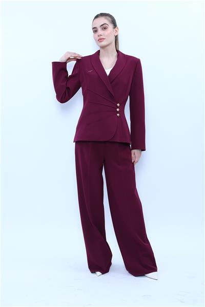 Şal Yaka Modelli Ceket & Korsaj Kemer Palazzo Pantolon-Mürdüm