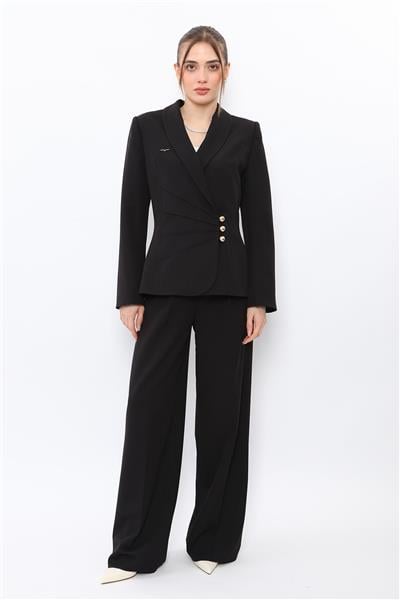 Şal Yaka Modelli Ceket & Korsaj Kemer Palazzo Pantolon-Siyah