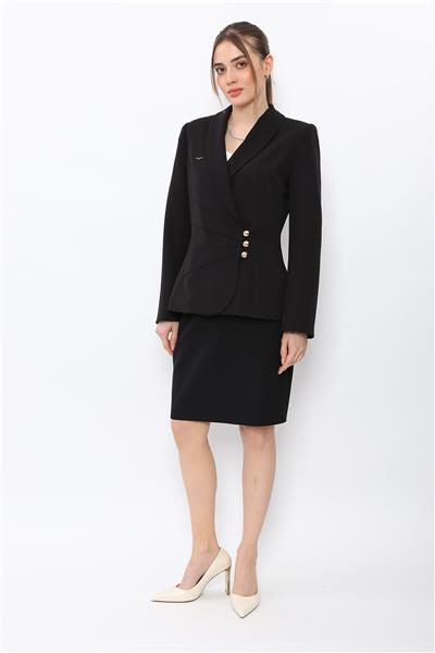 Şal Yaka Modelli Ceket & Yırtmaçlı Düz Dar Etek-Siyah