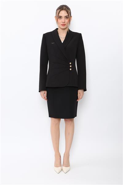 Şal Yaka Modelli Ceket & Yırtmaçlı Düz Dar Etek-Siyah