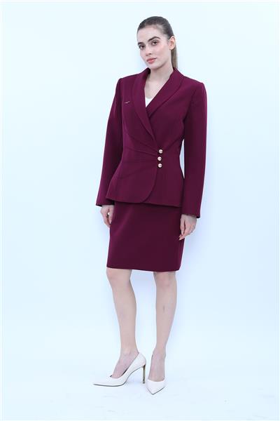 Şal Yaka Modelli Ceket & Yırtmaçlı Düz Dar Etek-Mürdüm