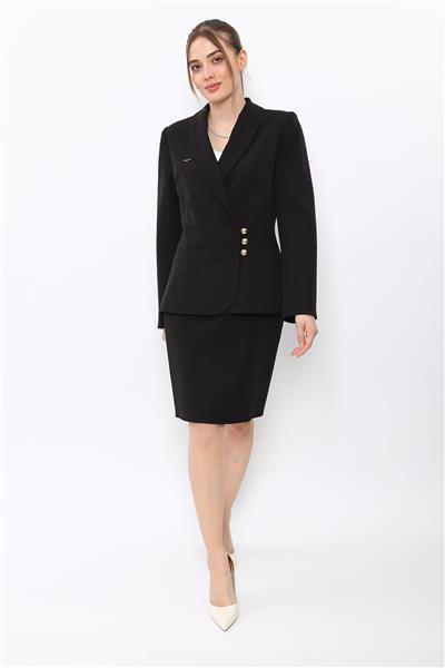 Şal Yaka Modelli Ceket & Yırtmaçlı Düz Dar Etek-Siyah