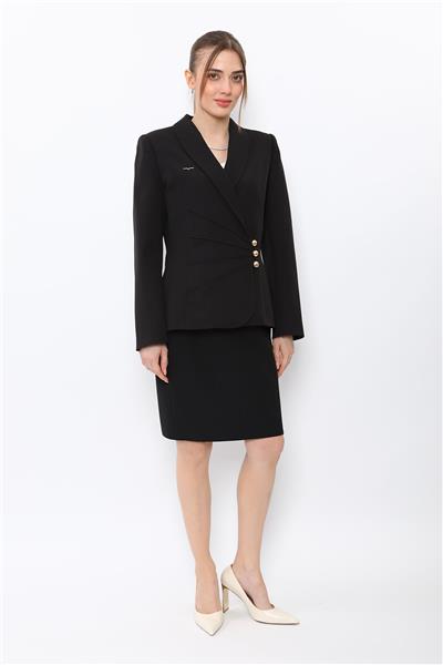 Şal Yaka Modelli Ceket & Yırtmaçlı Düz Dar Etek-Siyah