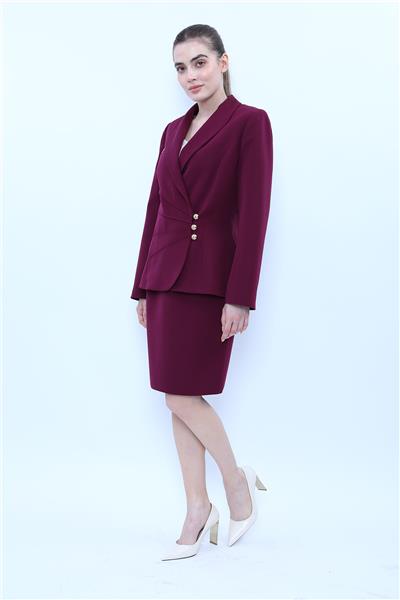 Şal Yaka Modelli Ceket & Yırtmaçlı Düz Dar Etek-Mürdüm