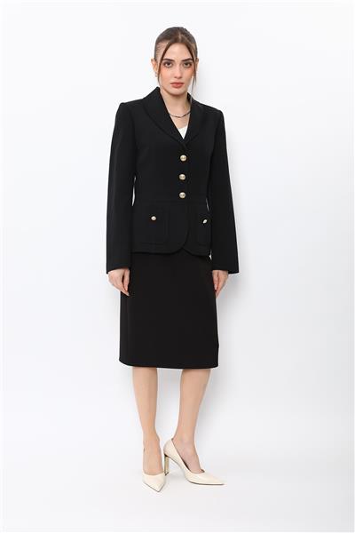 Şal Yaka Torba Cepli Ceket & Düz Dar Etek-Siyah