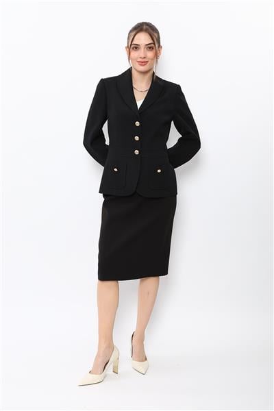 Şal Yaka Torba Cepli Ceket & Düz Dar Etek-Siyah