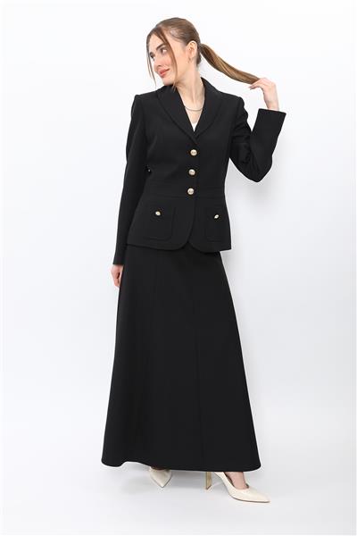 Şal Yaka Torba Cepli Ceket & Kemerli 8 Parça Etek-Siyah