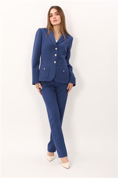 Şal Yaka Torba Cepli Ceket & Kemerli Boru Paça Pantolon-İndigo