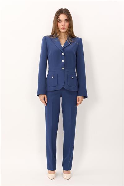 Şal Yaka Torba Cepli Ceket & Kemerli Boru Paça Pantolon-İndigo