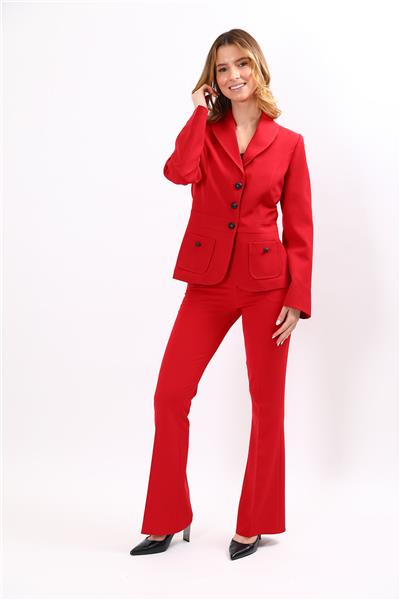 Şal Yaka Torba Cepli Ceket & Kemerli İspanyol Paça Pantolon-Kırmızı