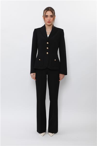 Şal Yaka Torba Cepli Ceket & Kemerli İspanyol Paça Pantolon-Siyah