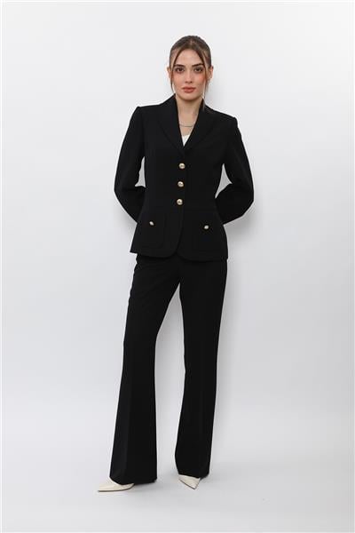Şal Yaka Torba Cepli Ceket & Kemerli İspanyol Paça Pantolon-Siyah