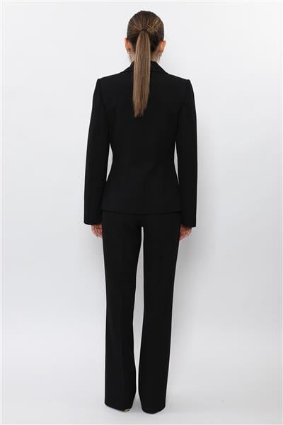Şal Yaka Torba Cepli Ceket & Kemerli İspanyol Paça Pantolon-Siyah