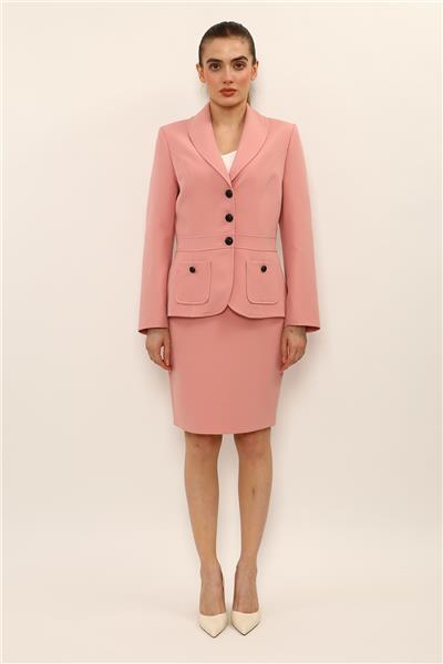 Şal Yaka Torba Cepli Ceket & Yırtmaçlı Düz Dar Etek-Pudra