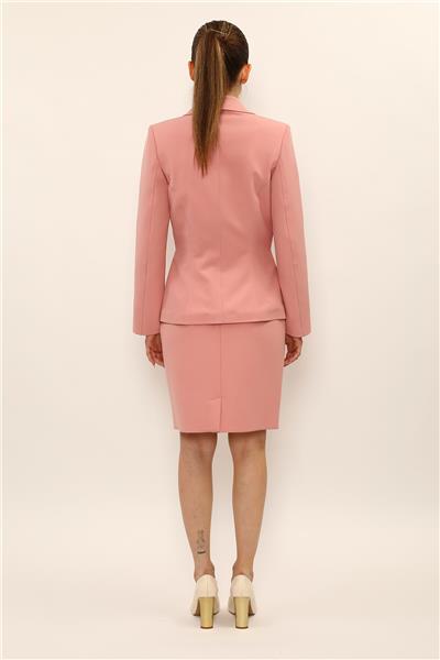 Şal Yaka Torba Cepli Ceket & Yırtmaçlı Düz Dar Etek-Pudra