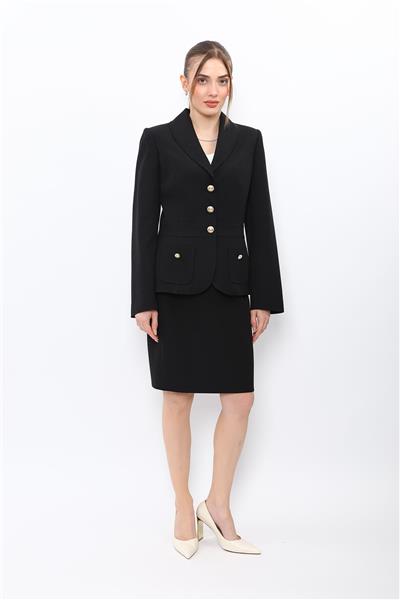 Şal Yaka Torba Cepli Ceket & Yırtmaçlı Düz Dar Etek-Siyah